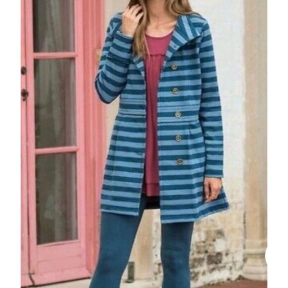Matilda Jane Fall Breeze Jacket Peacoat Womens M Stretch Blue Striped Button Up - Picture 2 of 7
